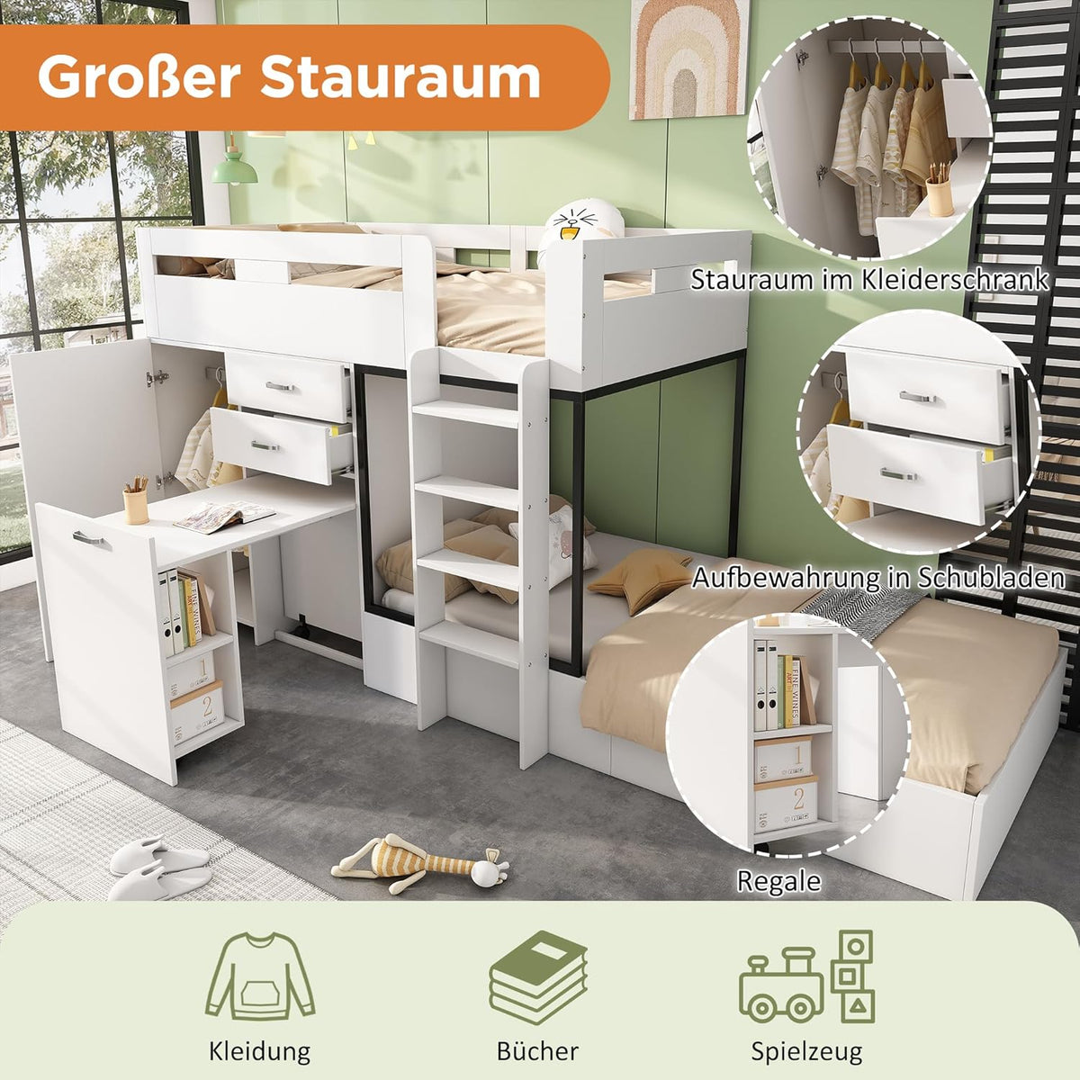 Cama tipo loft Ymkua para niños de 90x200 cm con almacenamiento, cama doble con somier, cama alta con escritorio y armario, cama juvenil con cajones, estantes y escalera, blanco, sin colchón