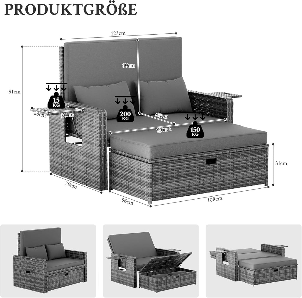 Amopatio Rattan Gartenlounge Outdoor Set, 2-Sitzer Gartensofa mit Auflagenbox & Verstellbarer Rückenlehne, Wetterfestes Lounge Möbel für Balkon und Terrasse mit Hocker und Kissen, Grey