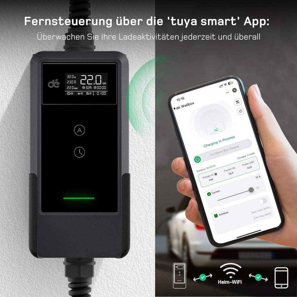 dé Mobile Wallbox/Ladestation 22kW Mit App [3-phasig|7m|6-32A] mit stromzähler, Ladekabel CEE 32A auf Typ 2 und EV Ladegerät für Model Y/3, ID.3/4/5, MG4, EX30, e-up, e-tron und andere EV/PHEV