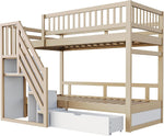 Litera 90x200 para 2 niños, cama alta infantil con escalera, armario de almacenamiento y cajón, cama funcional, litera, cama alta juvenil con 2 somieres, madera maciza, sin colchón, color madera