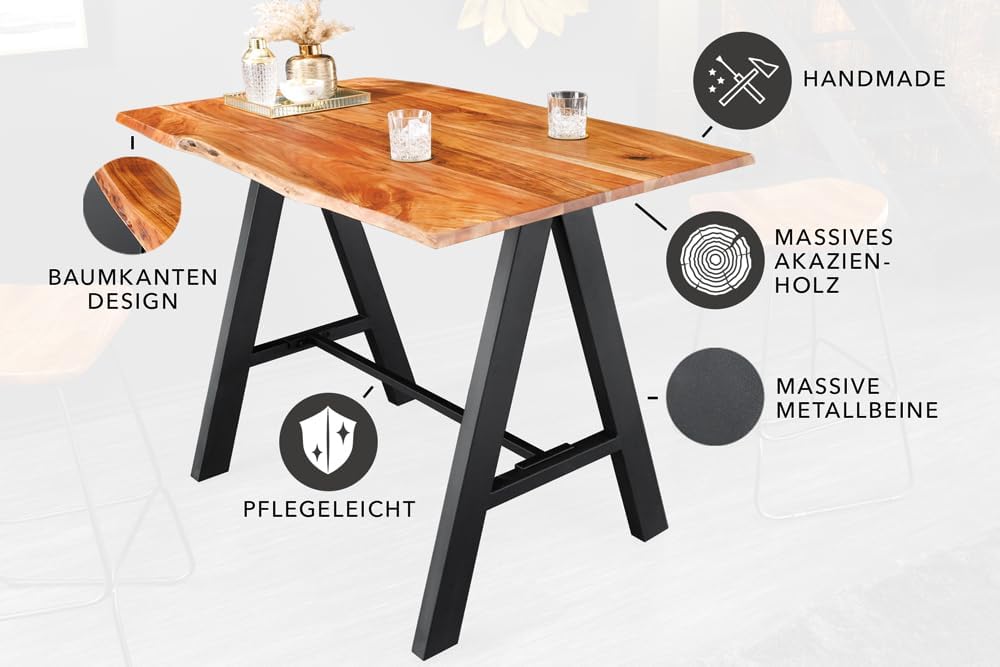 Riess Ambiente Massivholz Bartisch Mammut 120cm Natur Akazie Baumkante Metall schwarz mit Fußablage Küchentisch Küchentresen rechteckiger Stehtisch