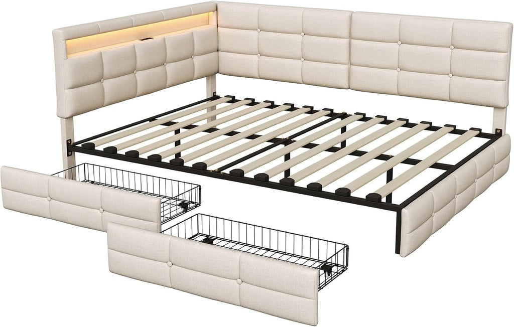 Cama tapizada doble, sofá cama de 140x200 con 2 cajones de almacenamiento, cama juvenil con USB, cama con almacenamiento, cama funcional con somier de láminas, cama infantil con cabecero LED, sin colchón (beige + lino)