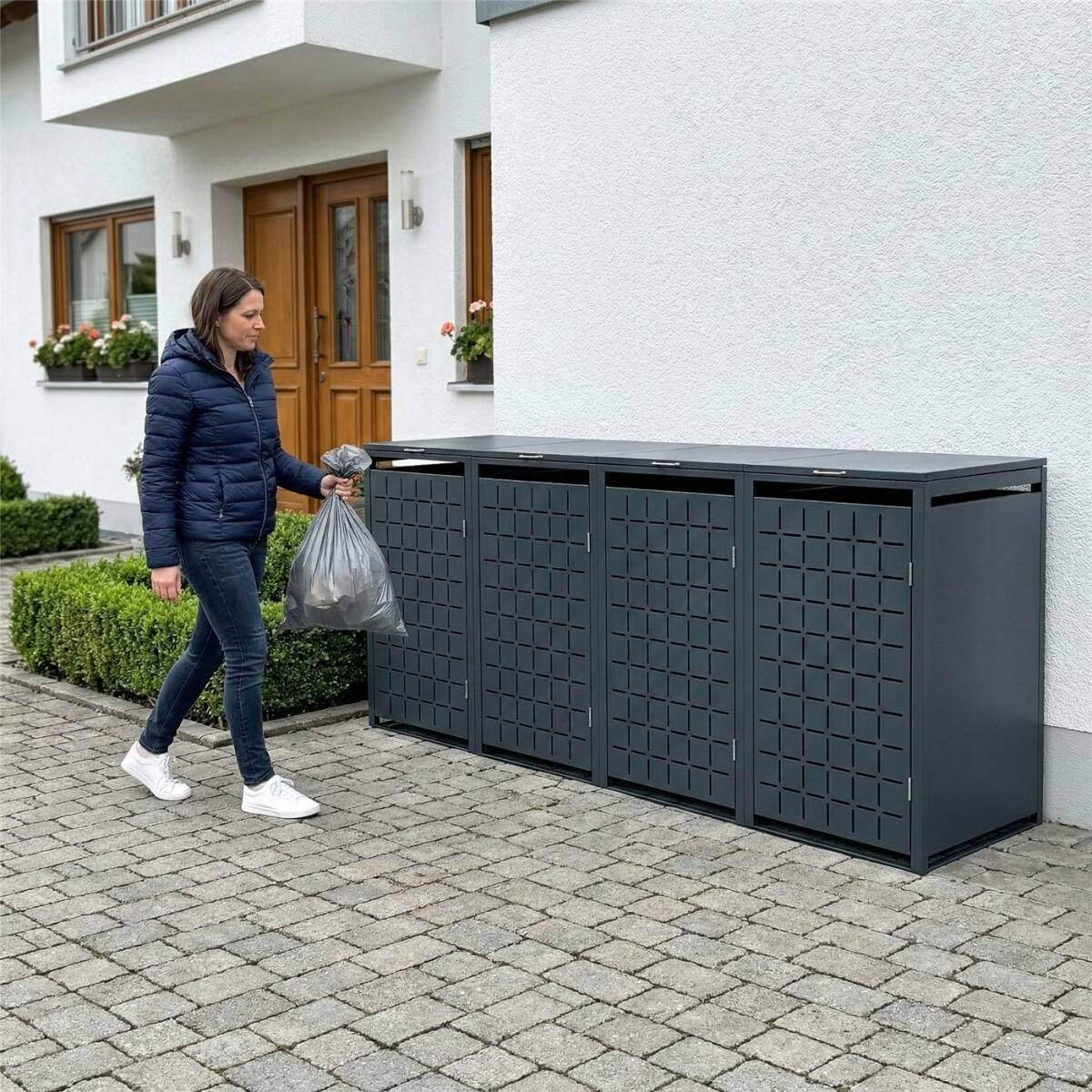 Cubo para basura Metzler para 4 contenedores de 240L, color antracita con patrón cuadrado, revestimiento metálico para 4 cubos con cierre, cuatro contenedores con recubrimiento en polvo y resistentes a la intemperie con tapa automática | Geo