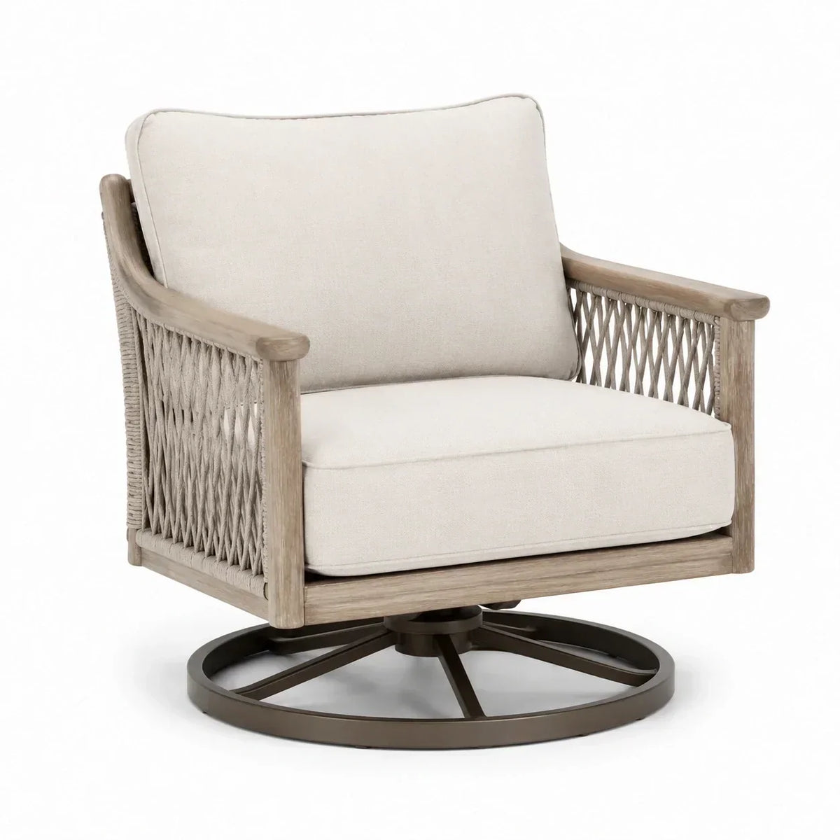 Sillón giratorio de madera de roble con hilo de poliéster y acero con recubrimiento en polvo, beige