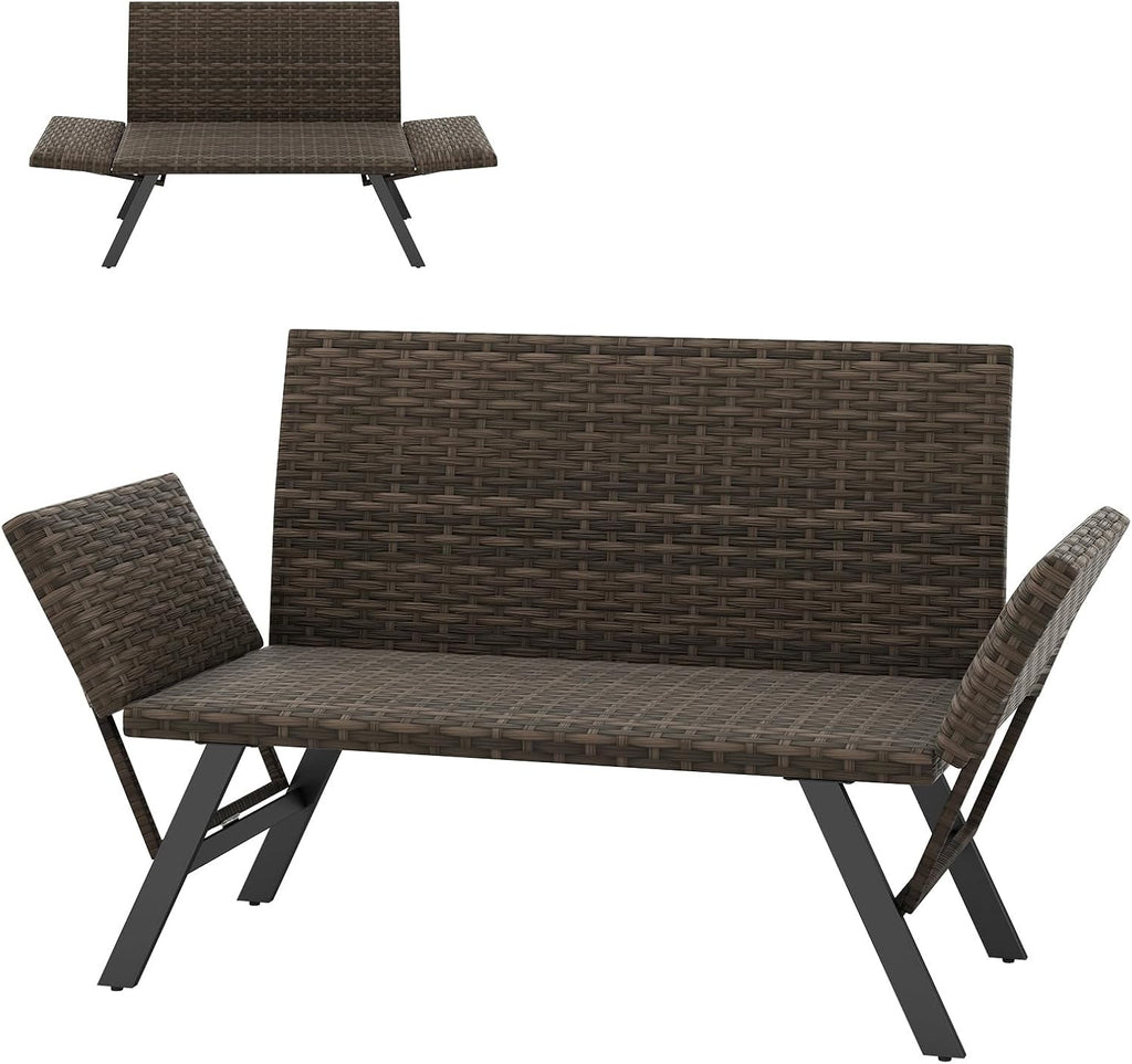 GIANTEX Sofá de jardín de ratán, banco de jardín con función de reclinado, sofá cama para exteriores con reposabrazos plegables, banco de balcón con acolchado de espuma de secado rápido, muebles de balcón, banco de tumbona para balcón