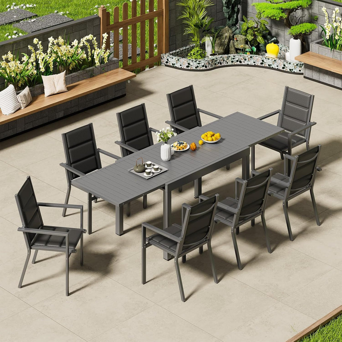 Devoko Gartenmöbel Set 6 Personen,6+1 Aluminium Tisch und Stühle Set Balkonmöbel, 6 Stapelbare Gartenstühle und 1 130/260 cm Dehnbarer Gartentisch,Terassen möbelsets außen Lounge, Dunkelgrau