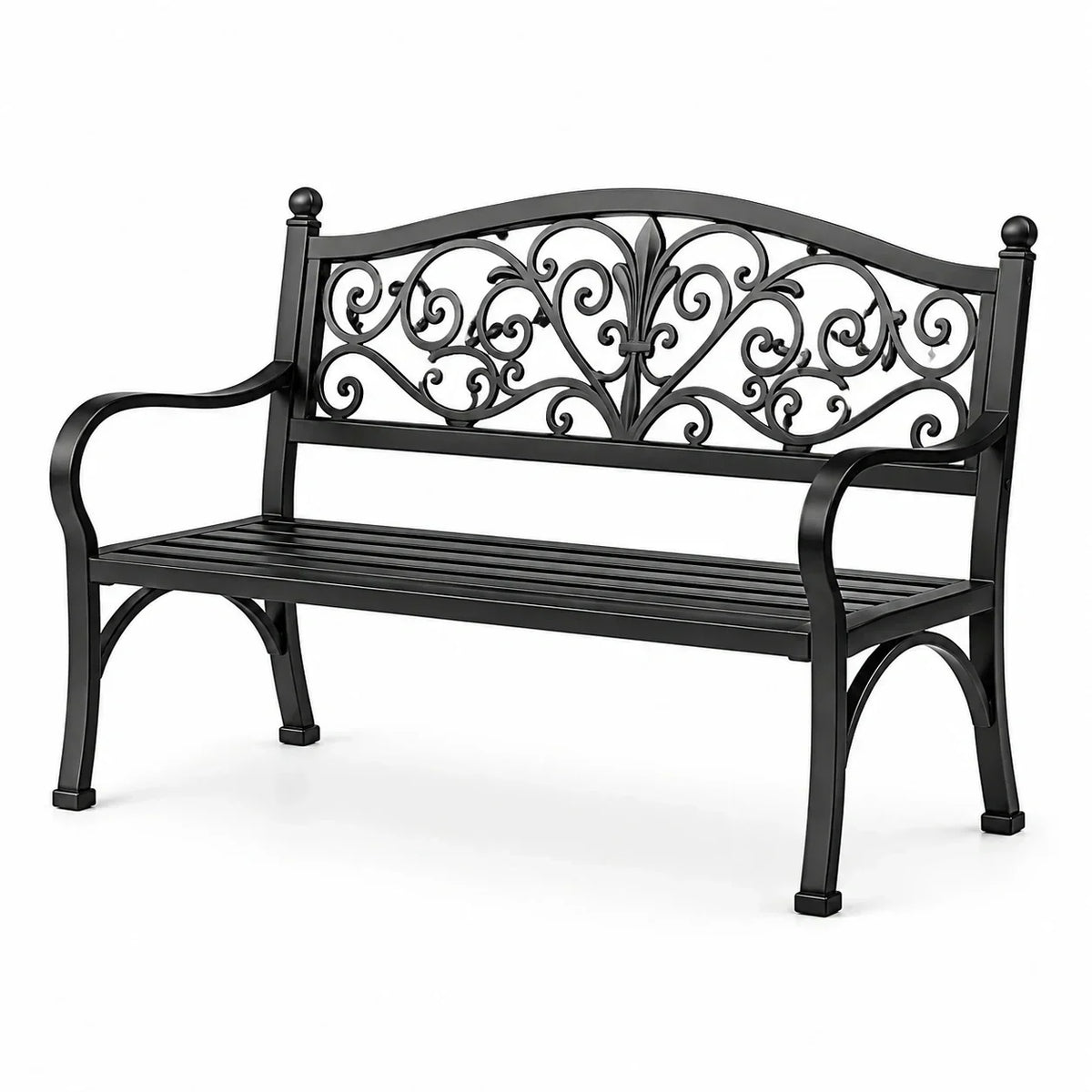 Banco de jardín de hierro forjado con adornos, negro