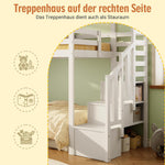 Etagenbett, Hochbett, Kinderbett 90x200cm mit Rausfallschutz und Stauraumtreppe, Jugendbett, mit Fenster, Massivholz, weiß