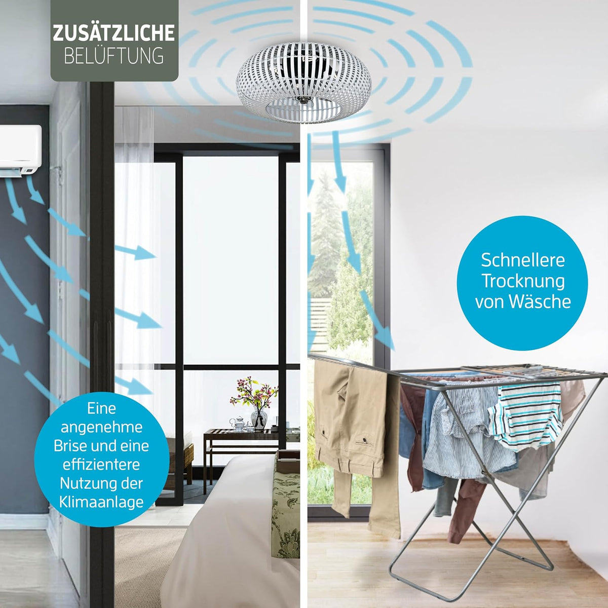 Ventilador de techo inteligente Varin® con luz, Wi-Fi Tuya, Ø 50 cm, lámpara de techo con ventilador, ventilador con luz de techo con 4 casquillos E27 (sin bombillas), mando a distancia, bambú blanco
