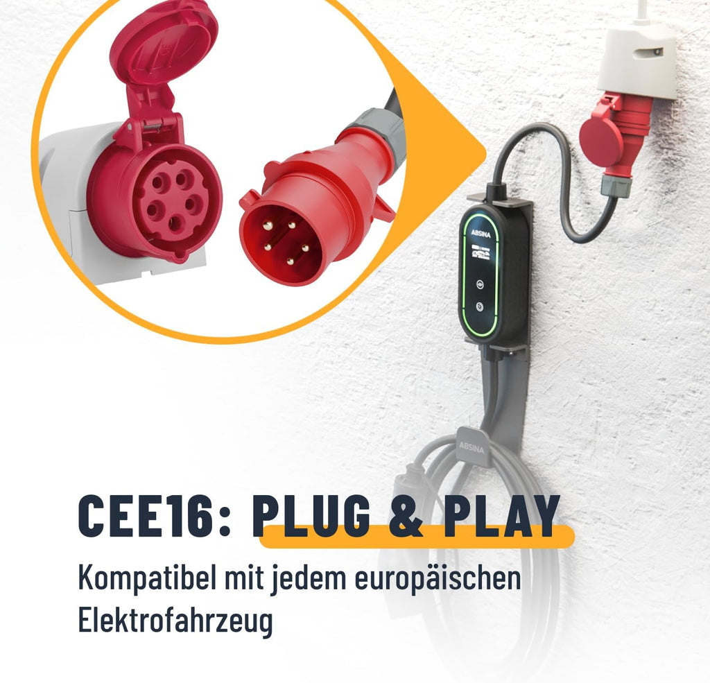 ABSINA Mobile Wallbox 11kW mit Einstellbarer Ladeleistung - Typ 2 Ladekabel E Auto 16A 3 phasig IP67 mit 6,6 m Kabel - 11kW Ladegerät für i3, e-Up, ID.3, Zoe, fortwo, Kona und viele mehr