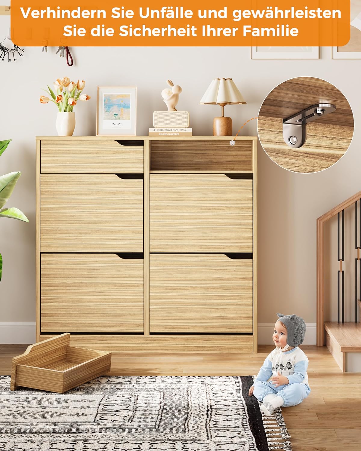 Zapatero IRONCK con 4 puertas abatibles, mueble zapatero estrecho con 2 cajones, estante para zapatos independiente, zapatero tipo cómoda con divisores ajustables, armario zapatero para recibidor, entrada y salón (madera)