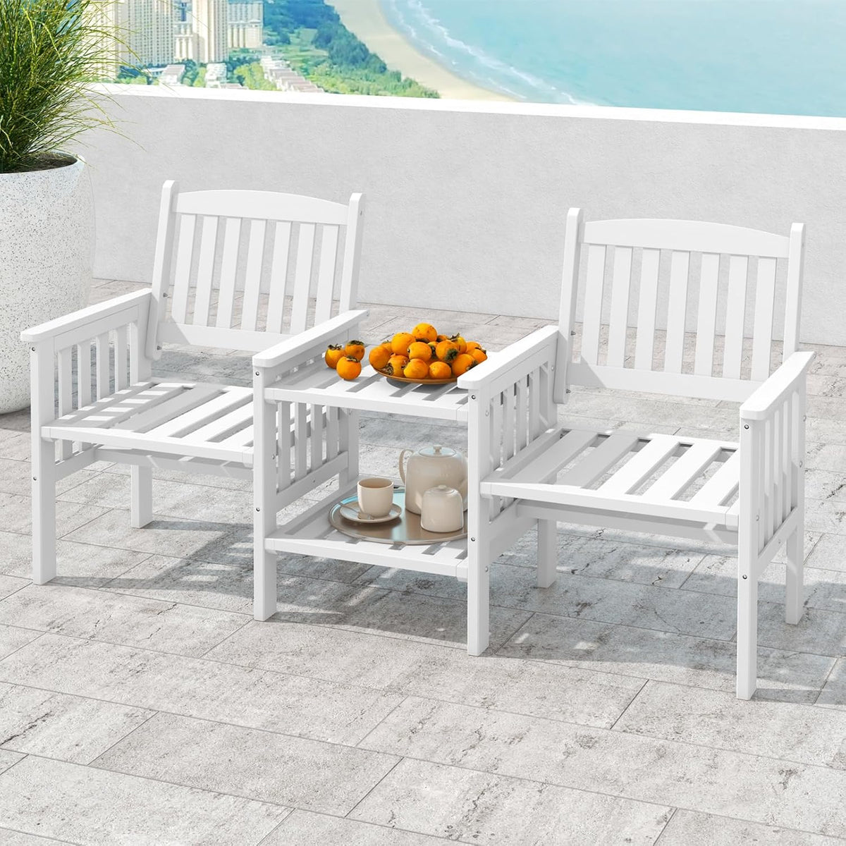 GIANTEX Gartenbank Holz mit Tisch, Holzbank Outdoor 2 Sitzer, Sitzbank Garten mit Schirmloch, Terrassenbank aus Tannenholz bis 330 kg belastbar, Friesenbank Kinobank für Balkon Terrasse 165x60x88 cm
