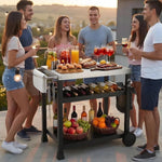 LIFERUN Edelstahl Grillwagen 3 Etagen, Grilltisch Outdoor mit Edelstahl Tischplatte, Grill Beistelltisch Servierwagen, Garten Trolley Küchenwagen mit Rollen Haken, BBQ Beistellwagen Außenbereich