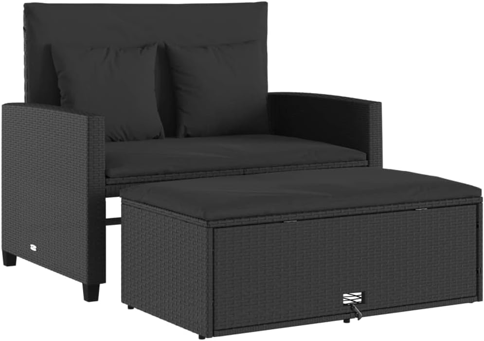 vidaXL Gartensofa mit Kissen 2-Sitzer, Outdoor Sofa mit Hocker mit Staufach, Couch mit abnehmbarm Bezug, Gartebmöbel Gartengarnitur, Schwarz Poly Rattan
