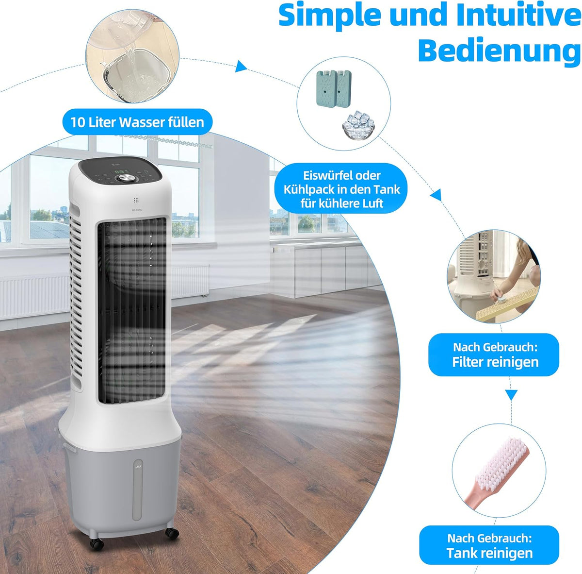 Enfriador de aire de torre premium BE COOL con depósito de agua de 10L y Wi-Fi – 38W, 24 velocidades, 3 modos de viento, alcance de flujo de aire de 12,5m, pantalla LED, control remoto, temporizador, función de secado de aire