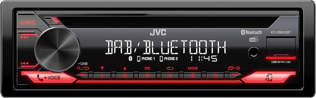 Autorradio CD JVC KD-DB622BT con DAB+, manos libres Bluetooth (procesador de sonido, USB, entrada auxiliar, control de Spotify, 4 x 50 vatios, iluminación de botones en rojo, sin antena)
