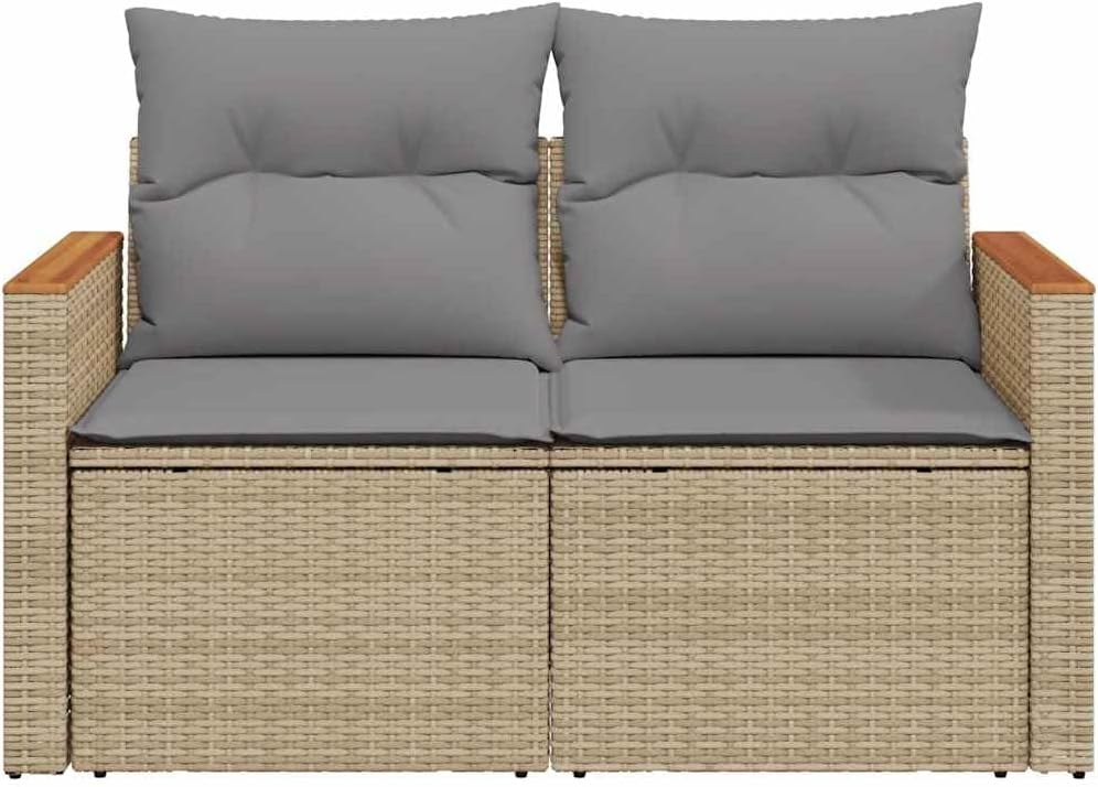 Sofá de jardín vidaXL de 2 plazas con cojines, sofá para jardín y terraza, sofá de terraza con funda extraíble y lavable, muebles de jardín y terraza, ratán sintético beige