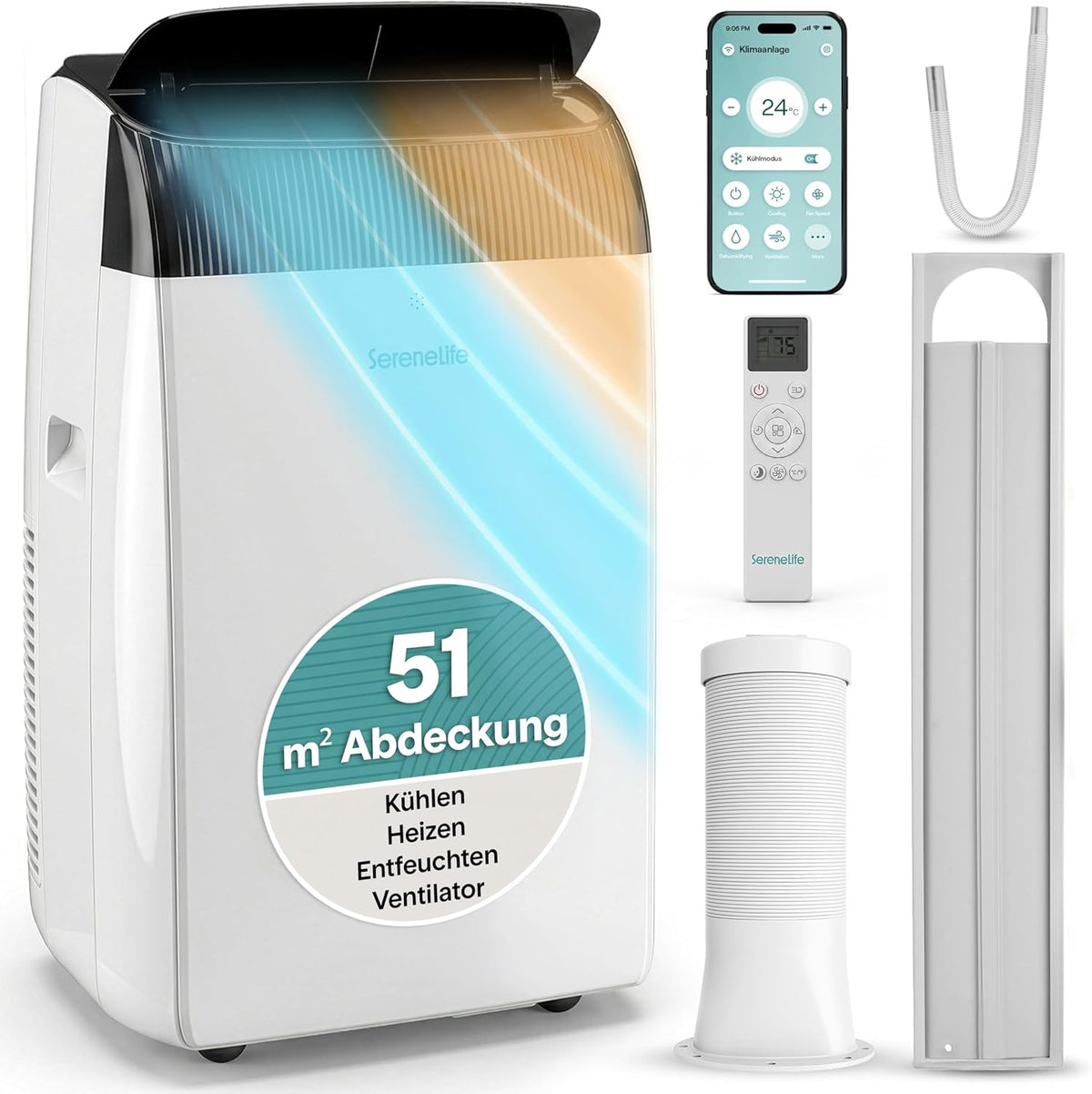 SereneLife klimagerät Mobil- mit Abluftschlauch, 12000 BTU WLAN, 4-in-1 Klimaanlage- Kühlen/Heizen/Ventilieren/Entfeuchten, Digitaldisplay, Timer und Fensterkit, bis 35m², für heiße Sommertage