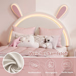 Cama tapizada infantil 90x200 con iluminación LED, estructura de cama individual con somier, cama de princesa para niña con cabecero en forma de conejo para dormitorio, tela de terciopelo, blanco (Blanco-C, 90x200 cm)