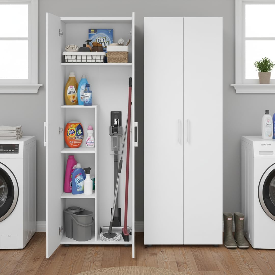 Set de armarios multiusos Bellamio de 2 piezas – Conjunto de armarios con archivador y armario escobero en blanco – Armario despensa con compartimento para aspiradora – Armario para el hogar de madera de 60 cm de ancho – Armario multiusos de 2 unidades