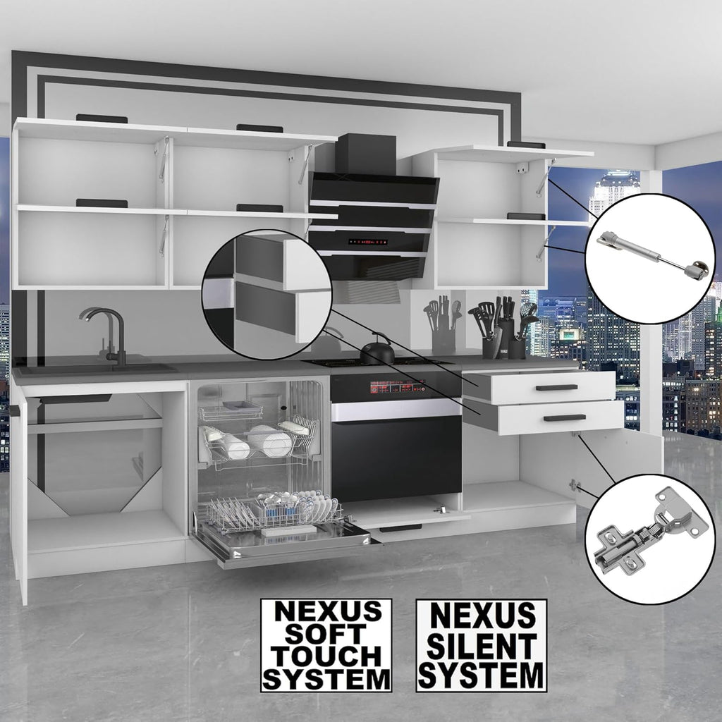Cocina compacta Belini Madison - Muebles de cocina de 240 cm, cocina equipada sin electrodomésticos, con armarios altos y bajos, con encimeras, blanco brillo