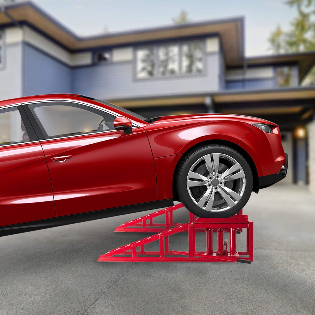 Arebos Juego de 2 rampas de acceso con gato hidráulico de 2 T | Elevador de coches XXL | Ancho de acceso de 257 mm | Plataforma elevadora con válvula de seguridad | Altura ajustable | Rojo