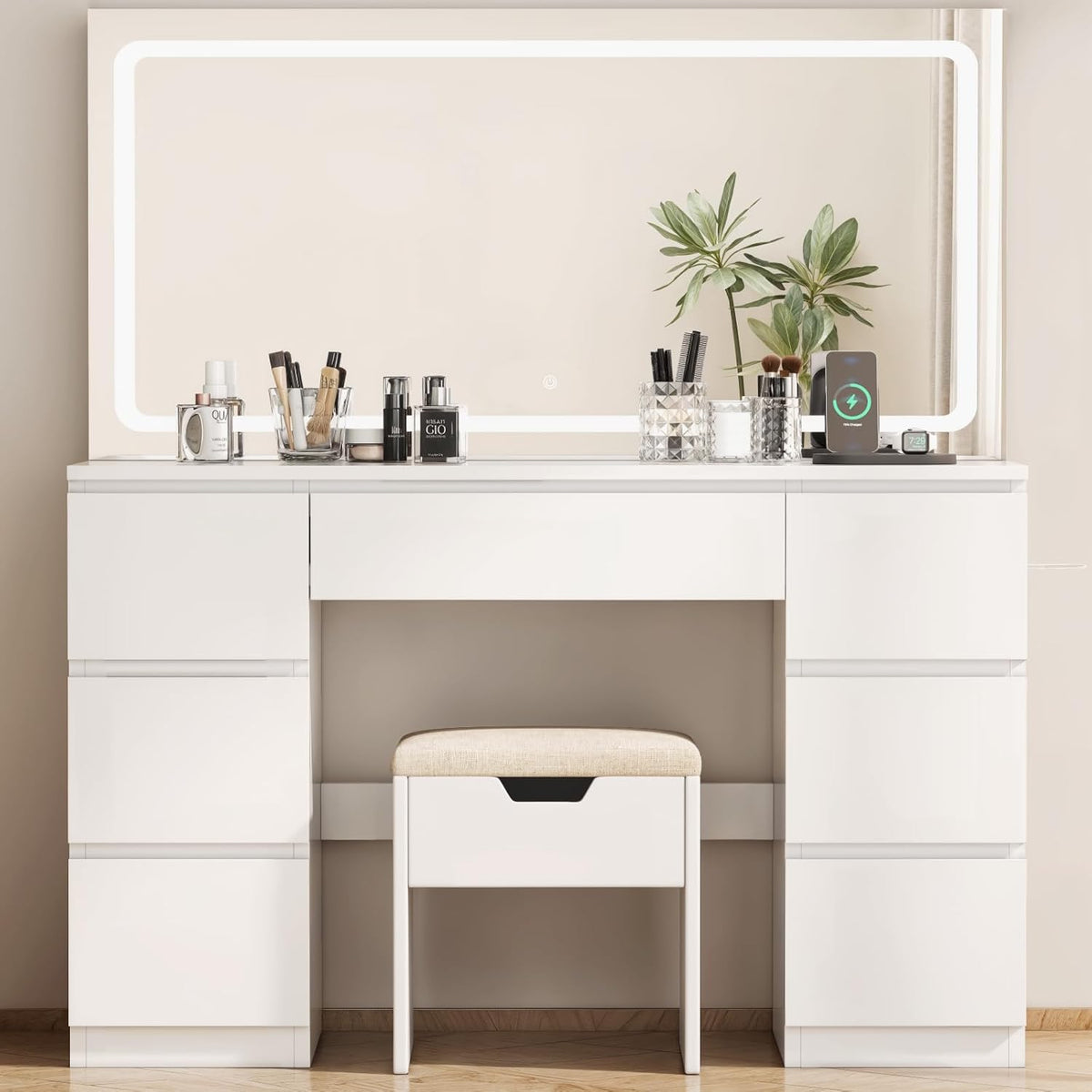 TRIUMPHKEY Schminktisch Groß mit Spiegel und LED Beleuchtung 115cm,Farbtemperatur Einstellbar, 7 Schubladen Schminktisch mit Steckdose Dressing Table mit Hocker,115x40x139cm,Weiß