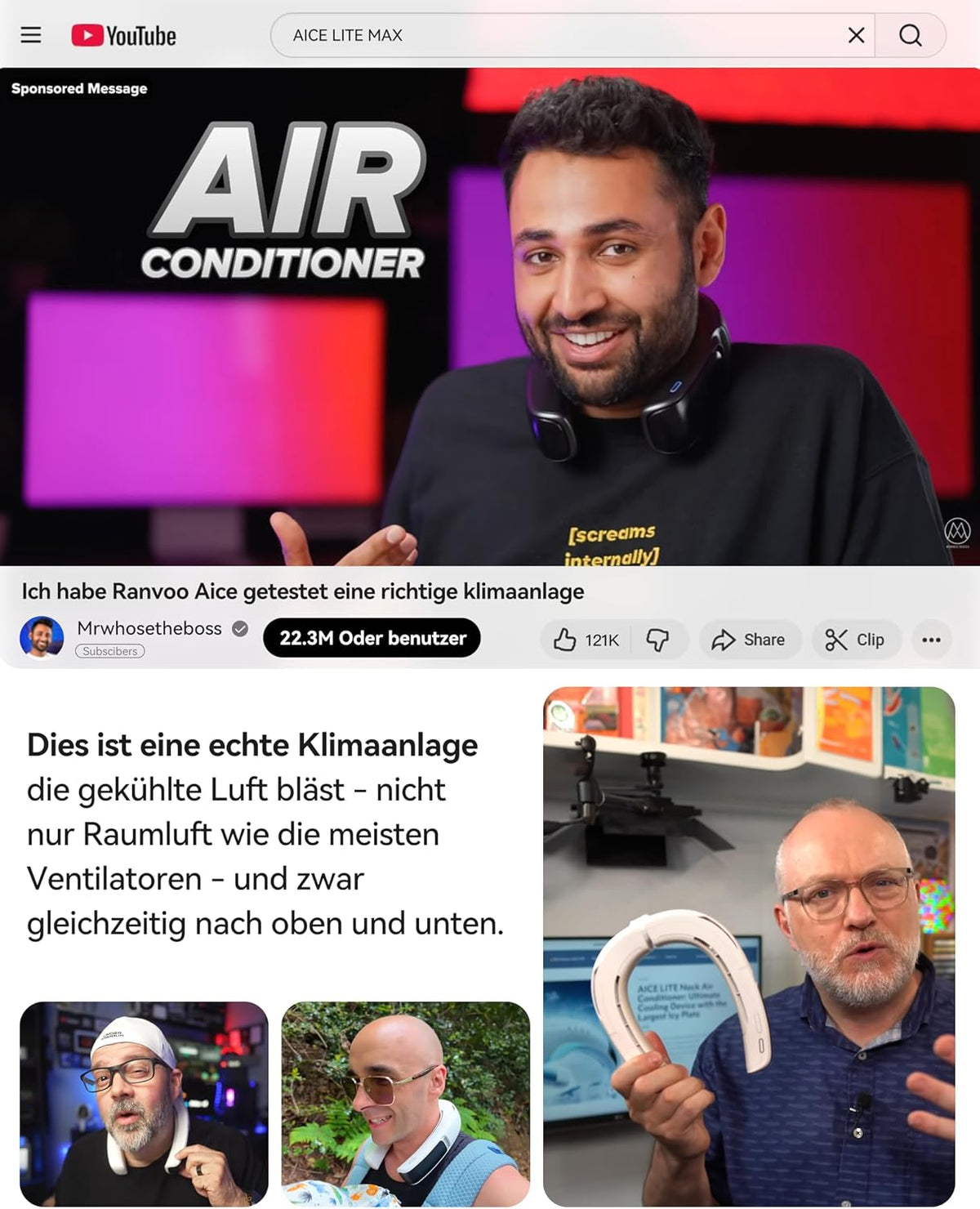 RANVOO AICE LITE MAX 2026 KI Nacken Klimaanlage [#1 Kühlster & Langlebigster] Arktischer Wind, Immenser Nackenlüfter 6000mAh Akku, Tragbarer Ventilator bläst kalte Luft, Sommer Geschenk Frostsilber