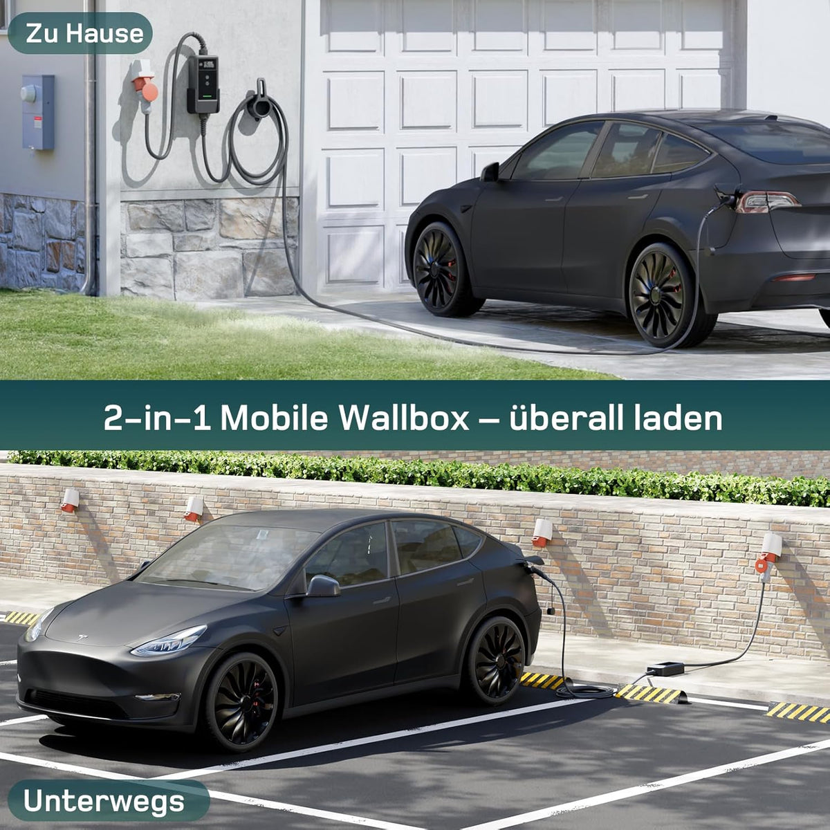 Mobile Wallbox/Estación de carga 22kW con App [trifásica|7m|6-32A] con medidor de energía, cable de carga CEE 32A a Tipo 2 y cargador de VE para Model Y/3, ID.3/4/5, MG4, EX30, e-up, e-tron y otros VE/Híbridos enchufables