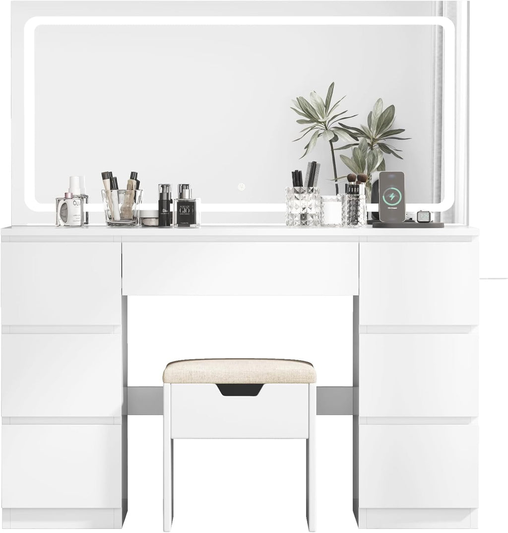 TRIUMPHKEY Schminktisch Groß mit Spiegel und LED Beleuchtung 115cm,Farbtemperatur Einstellbar, 7 Schubladen Schminktisch mit Steckdose Dressing Table mit Hocker,115x40x139cm,Weiß