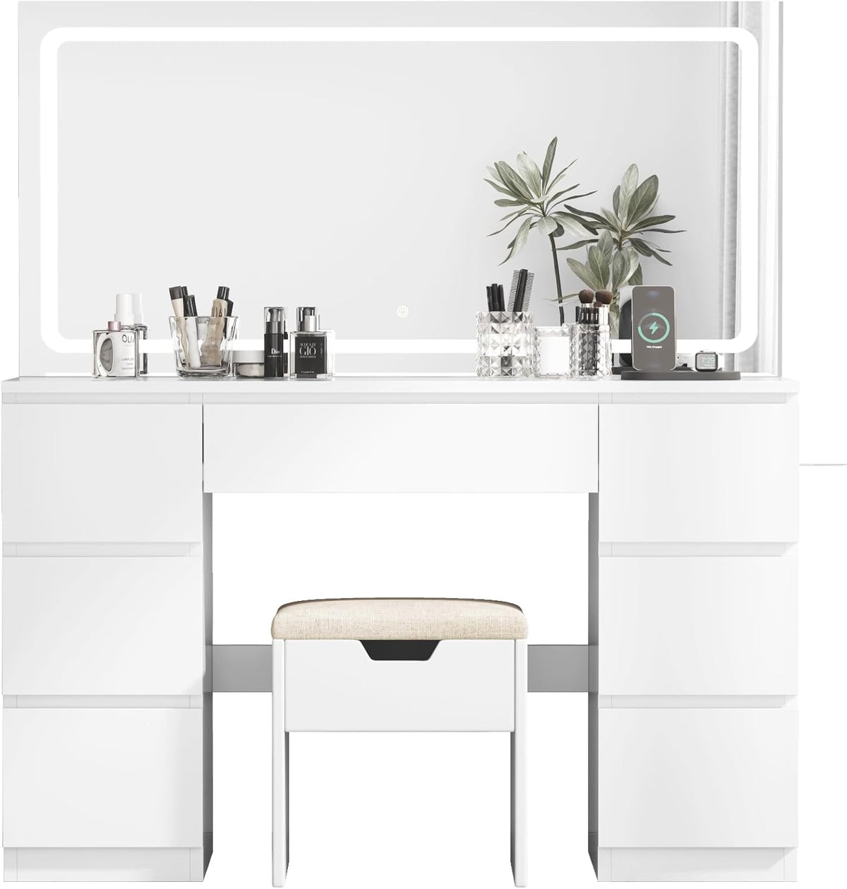 TRIUMPHKEY Schminktisch Groß mit Spiegel und LED Beleuchtung 115cm,Farbtemperatur Einstellbar, 7 Schubladen Schminktisch mit Steckdose Dressing Table mit Hocker,115x40x139cm,Weiß