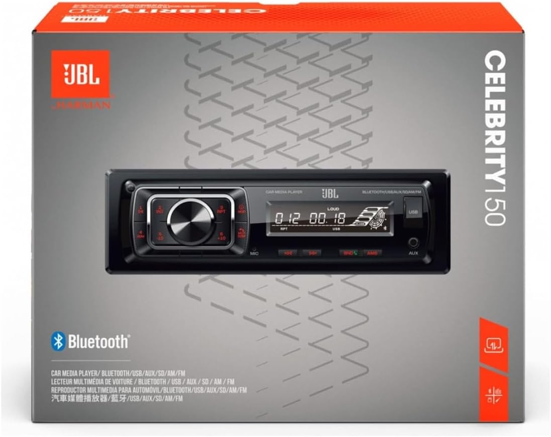 Autorradio Bluetooth para coche JBL Celebrity 150 de Harman Kardon, Radio 1 DIN, 4x50W, transmisión Bluetooth, kit manos libres para coche, panel frontal extraíble, AM/FM, USB, SD, AUX, 2 salidas RCA para amplificador