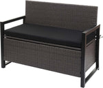 Banco de jardín Mendler Poly-Rattan 2 plazas HWC-F39AM, banco arcón, compartimento de almacenamiento con cojín - gris, cojines negros