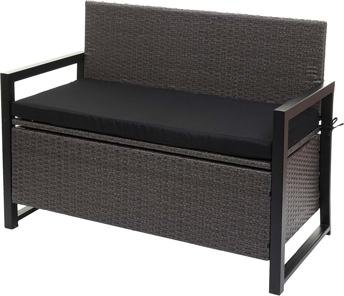 Banco de jardín Mendler Poly-Rattan 2 plazas HWC-F39AM, banco arcón, compartimento de almacenamiento con cojín - gris, cojines negros