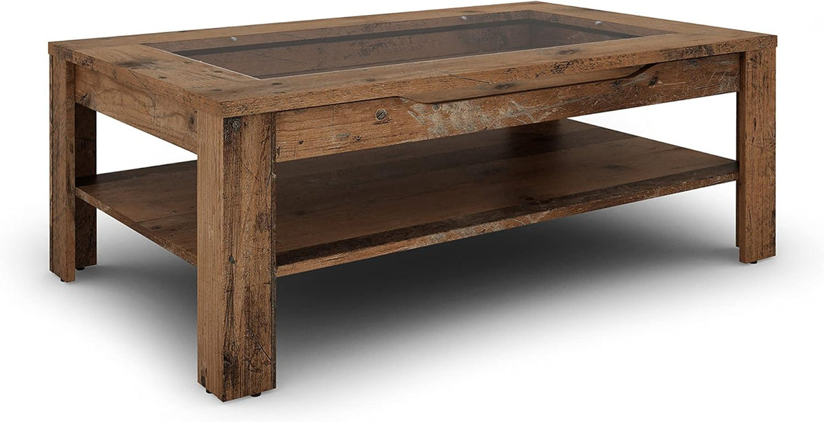 byLIVING Couchtisch Ralph/Eiche-Altholz-Optik dunkel-braun/Sofatisch mit Glaseinlage und großzügiger Schublade in braun/Beistelltisch mit viel Stauraum/B 110, H 43, T 67 cm