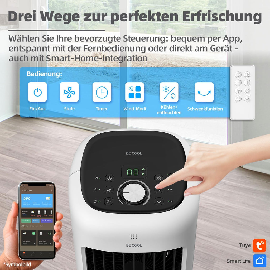 Enfriador de aire de torre premium BE COOL con depósito de agua de 10L y Wi-Fi – 38W, 24 velocidades, 3 modos de viento, alcance de flujo de aire de 12,5m, pantalla LED, control remoto, temporizador, función de secado de aire
