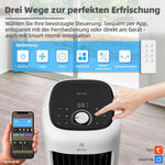 Enfriador de aire de torre premium BE COOL con depósito de agua de 10L y Wi-Fi – 38W, 24 velocidades, 3 modos de viento, alcance de flujo de aire de 12,5m, pantalla LED, control remoto, temporizador, función de secado de aire