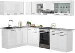 Cocina esquinera Vicco Rick, blanco alto brillo, 167 x 60 cm, encimera efecto mármol con tiras LED