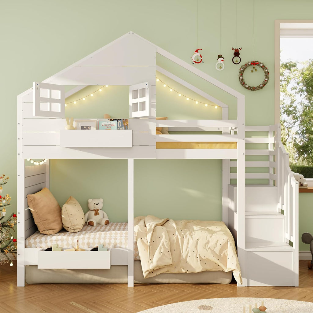 Etagenbett, Hochbett, Kinderbett 90x200cm mit Rausfallschutz und Stauraumtreppe, Jugendbett, mit Fenster, Massivholz, weiß