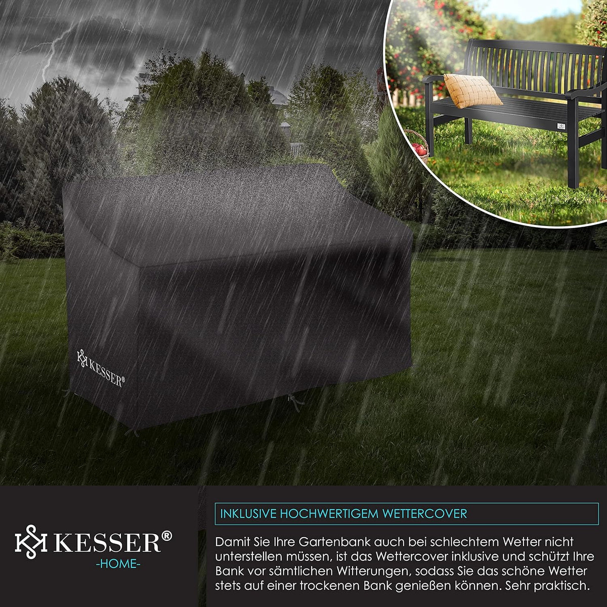 KESSER® Gartenbank Holz wetterfest 150 cm, Holzbank Garten 3-4 Sitzer, Sitzbank Outdoor, Balkonbank aus Massivholz, Parkbank 320 kg belastbar für Garten, Terrasse & Balkon inkl. Abdeckung, Anthrazit