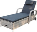 Tumbona de jardín, hamaca de ratán con espacio de almacenamiento y respaldo reclinable, mueble de jardín móvil con cojín, poliratán y metal, 200 x 75 x 30-92 cm (beige/gris oscuro)