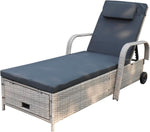 Tumbona de jardín, hamaca de ratán con espacio de almacenamiento y respaldo reclinable, mueble de jardín móvil con cojín, poliratán y metal, 200 x 75 x 30-92 cm (beige/gris oscuro)