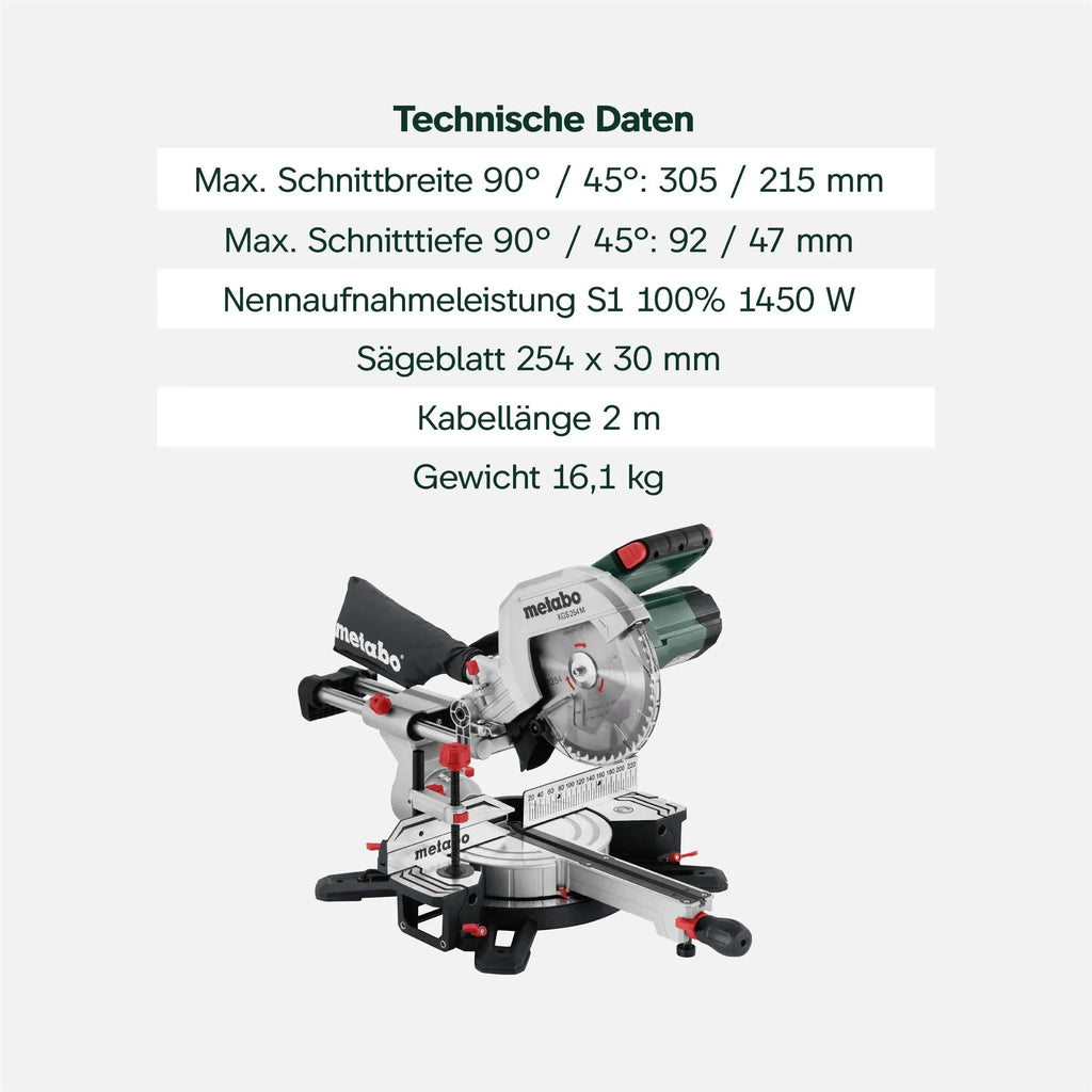 Sierra ingletadora telescópica Metabo KGS 254 M, función de tracción, 254 mm, línea de corte LED PCL, arranque suave, incl. Precision Cut Wood
