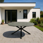 Mesa de jardín extensible DEGAMO Lyon, 140 cm redonda, extensible a 200 cm, aluminio antracita + ECP con aspecto de cerámica gris claro, para exteriores