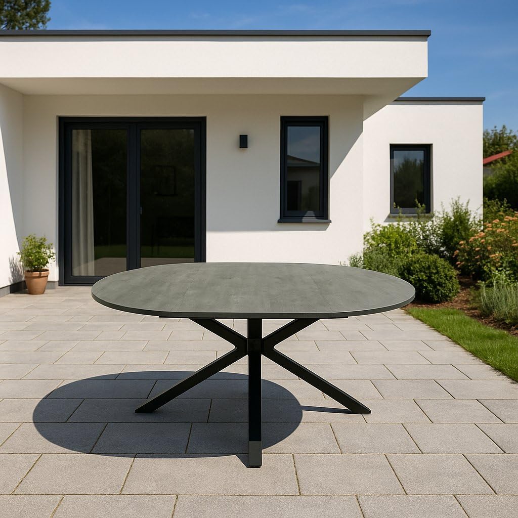 Mesa de jardín extensible DEGAMO Lyon, 140 cm redonda, extensible a 200 cm, aluminio antracita + ECP con aspecto de cerámica gris claro, para exteriores