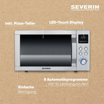 Microondas SEVERIN con función de grill y convección 3 en 1, para descongelar, cocinar y calentar, microondas con plato giratorio, acero inoxidable cepillado/plateado, MW 7774