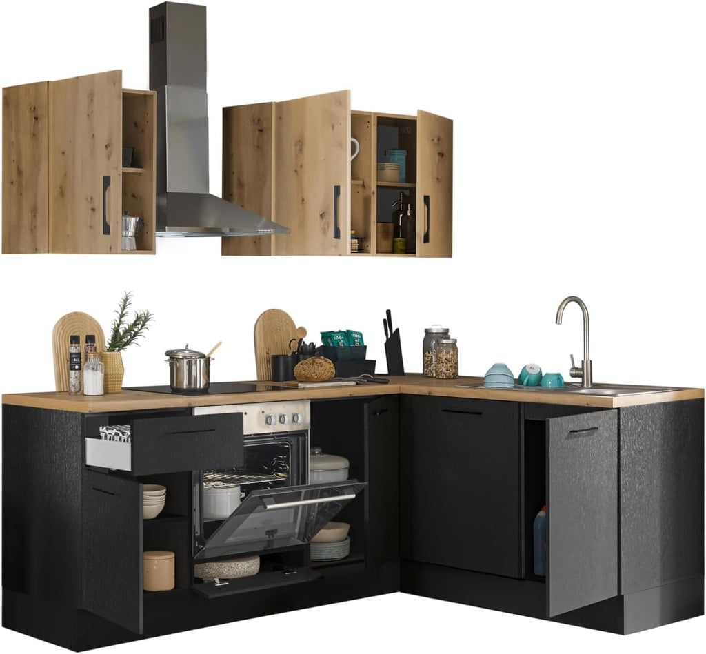 Cocina en L Turin 220 x 211 x 60 cm, negro - Sin electrodomésticos - Cocina moderna y espaciosa con aspecto de roble artesano y gran capacidad de almacenamiento