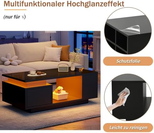 Mesa de centro de alto brillo Merax con iluminación LED y cajón – Mesa de sofá de 100x50x36 cm, mesa de salón con 4 compartimentos laterales, mesa de centro minimalista en negro