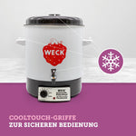 Esterilizador automático WECK WAT14-A de esmalte con termostato de precisión y grifo – Olla conservadora de 29 L, hervidor de vino caliente, extractor de jugo al vapor, máquina para conservas – Fabricado en Alemania, de alta calidad y versátil