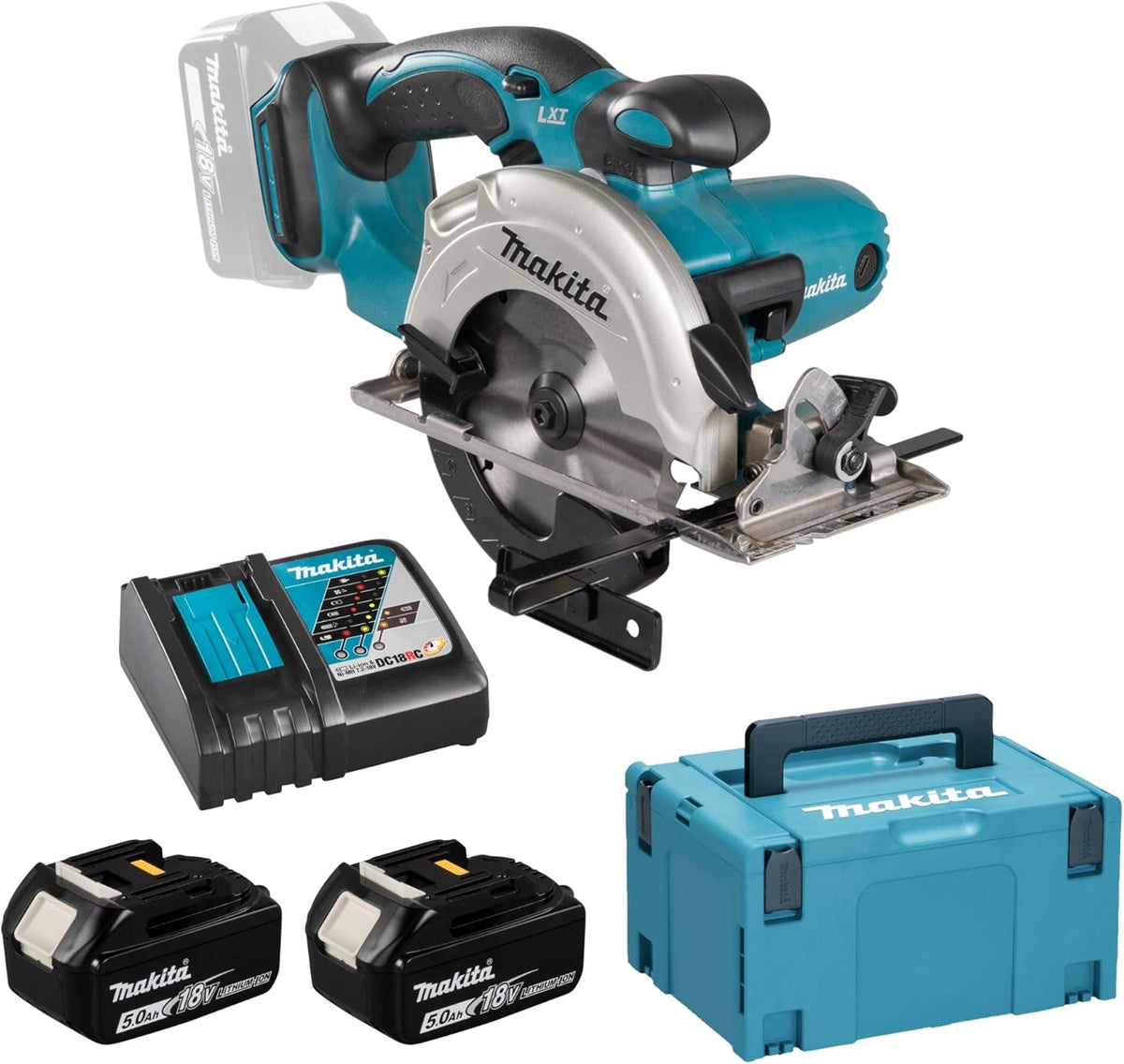 Sierra circular inalámbrica Makita 51 mm, (18 V/5  Ah, 2 baterías y cargador en Makpac), DSS501RTJ, negro, azul